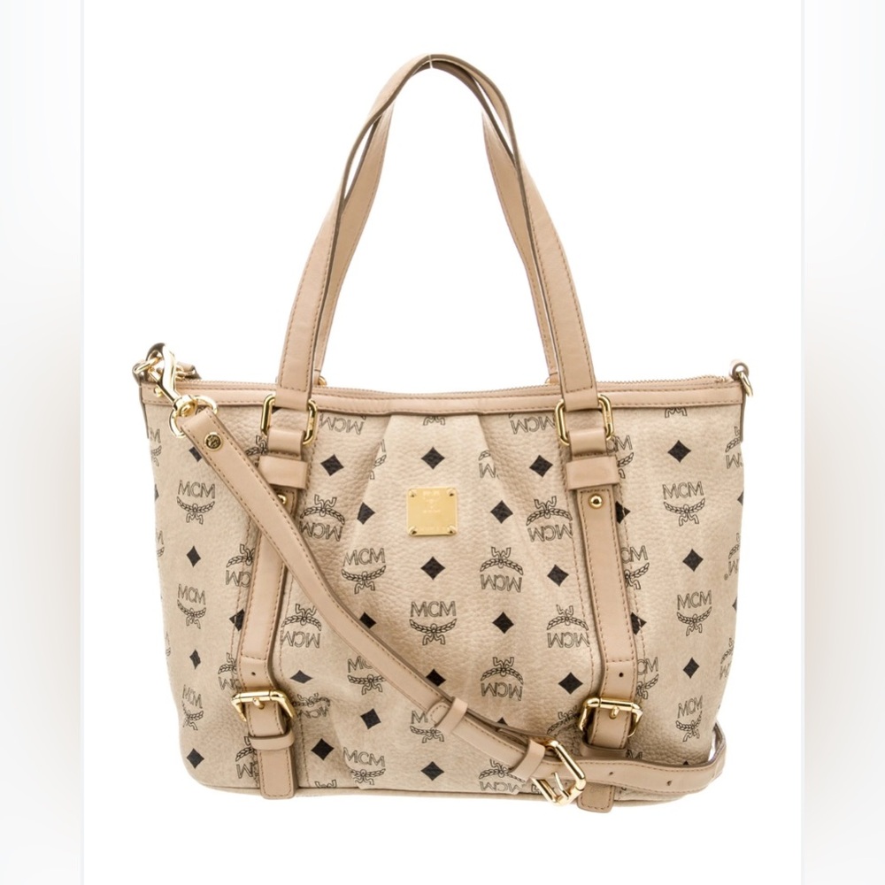 MCM Cream Logo Tote Bag